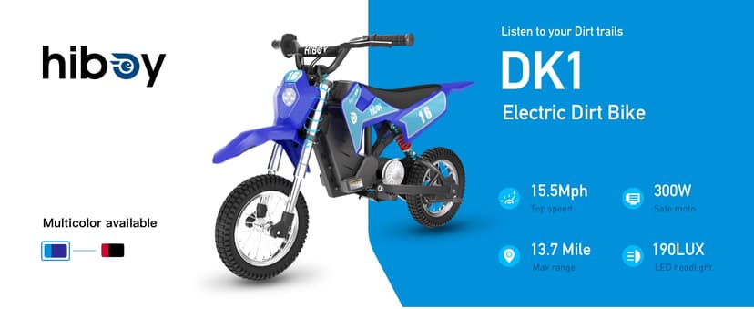 Hiboy DK1 36V Electric Dirt Bike,300W Electric Motorcycle - Up to 15.5MPH & 13.7 Miles Long-Range,3-Speed Modes Motorcycle for Kids Ages 3-10