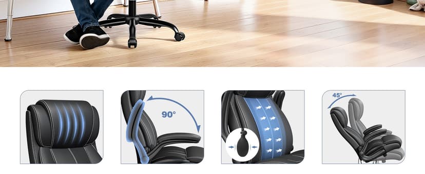 BESTFAIR Ergonomic Office Chair - Desk Computer Chair, Leather High Back Executive Chairs with Adjustable Lumbar Support & Flip Up Arms, Rocking, Black