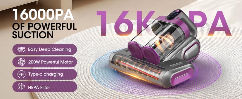 Bed Mattress Vacuum Cleaner Cordless 16Kpa Handheld Vacuum, Vacuum Cleaner with 253.7nm UV-C Light,HEPA Filter & Ultrasonic, Portable Vacuums for Sofa Bed Couch Crib Gifts for Women her Man