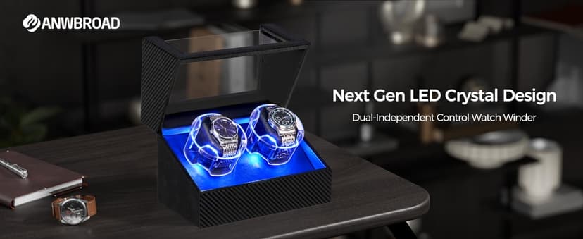 ANWBROAD ANWBROAD Watch Winder for Automatic Watches, Double Automatic Watch Winder Box with Quiet Japanese Motor, 4 Modes Dual Watch Winder wIth LED Light, Type-C Adapter, UJWW016C