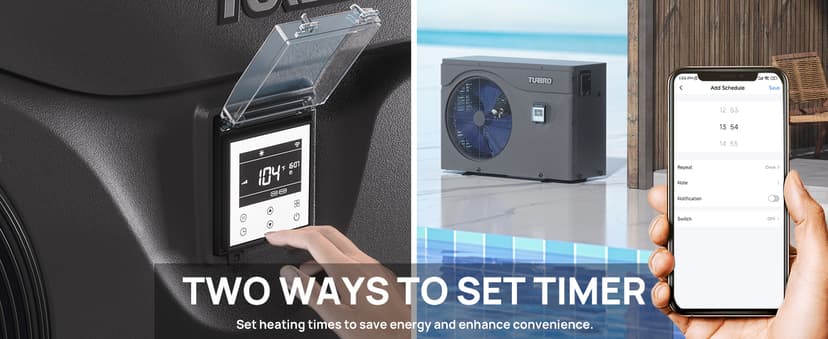 TURBRO 50,000 BTU Inverter Swimming Pool Heat Pump, Electric Pool Heater for in and Above-Ground Pools up to 16,000 Gallons, WiFi Enabled, Timer, 15.90 COP, 220-240 V, IPX4-Waterproof, Beluga Series