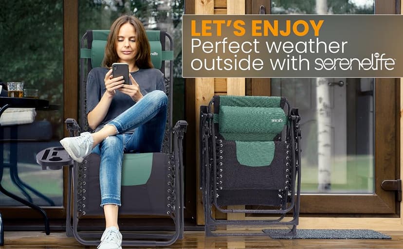 SereneLife Oversized Padded Zero Gravity Lounge Chair, Foldable Outdoor Patio Recliner, Anti Gravity Lawn Recliner with Cup Holder and Side Table for Backyard, Camping, Beach or Outdoor Relaxation