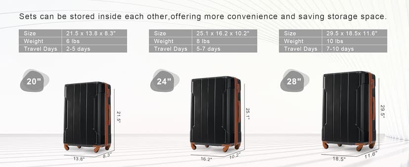 Merax Luggage Sets 3 Piece Hardshell 8 Spinner Wheels Lightweight Suitcase Corner Guards Travel Luggage (Black brown 20IN 24IN 28IN)