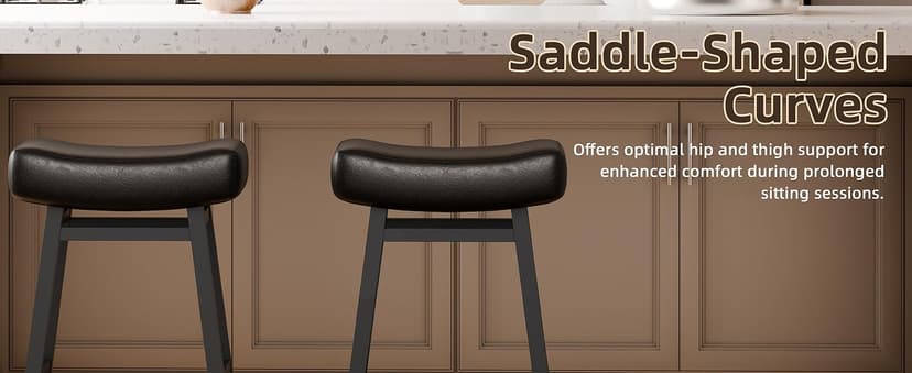 Counter Height Bar Stools Set of 2, 24 Inch Backless BarStools for Kitchen Island Leather Saddle Bar Chairs Kitchen Stools with 4" Thick Seats & Heavy Duty Metal Base, Black