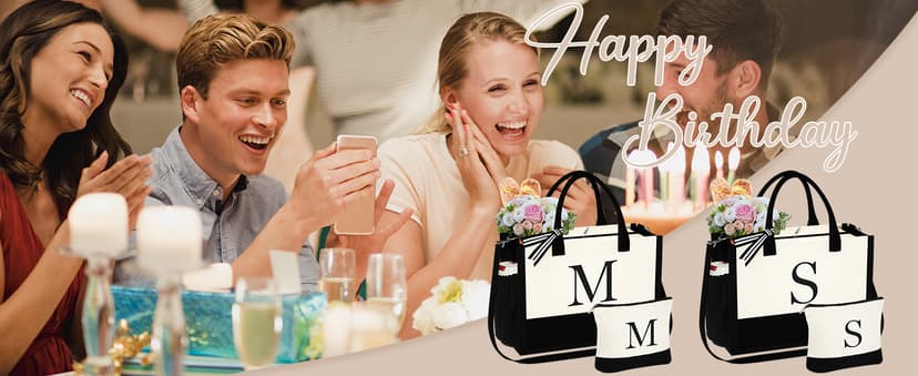 YOOLIFE Gifts for Women - Initial Tote Bag & Makeup Bag, Birthday Gifts for Women Mom Wife Teacher Friend