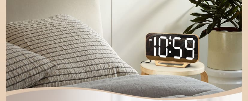 Peakeep Slim Digital Mirror Aesthetic Alarm Clock for Bedrooms Desk Decor - Plug in Electric Big LED Modern Small Clock for Office Living Room, Battery Backup, 6 Dimmers (Gold)