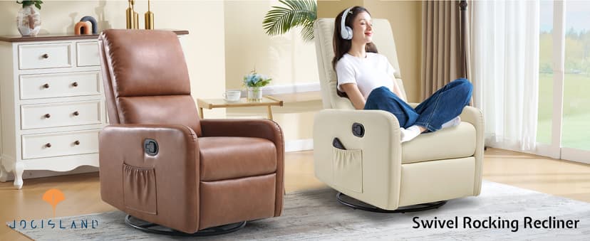 Jocisland Swivel Glider Rocking Recliner Chair for Adults, Nursery Rocker Reclining, Comfy Upholstered Single Sofa Armchair for Living Room Bedroom Nursing, Leather Cream