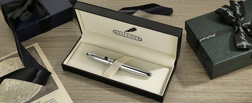 BEILUNER 320 Silver Chrome Rollerball - Stunning Luxury Pen with Chrome Finish, EDC, Heavy, Schmidt Black Ink Refill, Best Gift Set for Men & Women, Professional, Executive Office, Nice Classic Pens