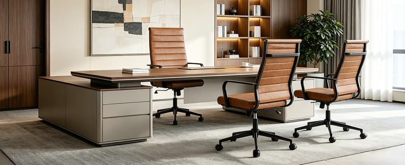 Okeysen Leather Office Desk Chair, Mid-Century Modern Leather Conference Room Chairs, Ergonomic Executive Ribbed Height Adjustable Swivel Rolling Chair for Home Office.