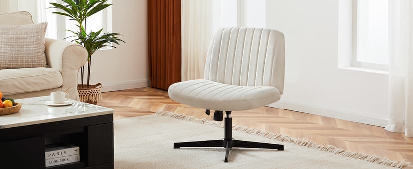 DUMOS Desk Chair No Wheels, Criss Cross Chair Wide Cross Legged Office Desk Vanity Comfy Chair, Armless Adjustable Swivel Chairs for Home Computer Task Beige