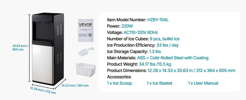 VEVOR Water Dispenser with Ice Maker, 3-in-1 Floor-Standing Water Dispenser, 33 LBS/24H, 9 Cubes/7 Min Fast Ice Making with 1.3 LBS Storage, Bullet Ice-Cubes & Cold-Water, for Home, Kitchen, Party