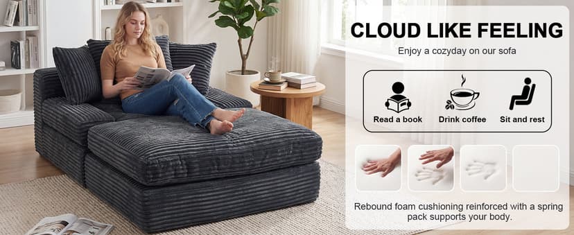 WEUP 69" Indoor Chaise Lounge, Oversized Corduroy Upholstered Armless Sofa Bed, Deep Seat Sleeper Reading Chair, Cloud Sofa for Living Room Bedroom Apartment, No Assembly Required (Gray)