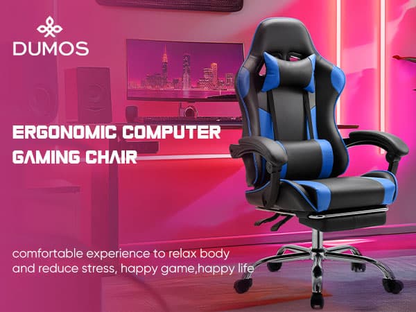 DUMOS Ergonomic Gaming Office Desk Chair with Linkage Armrests for Adults, Height Adjustable Computer Chair with Footrest and Headrest, PU Leather 360° Swivel Recliner with Lumbar Support, Deep Blue
