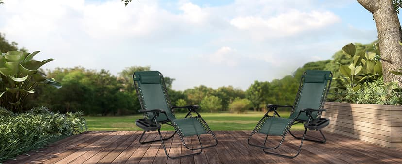 Nazhura Set of 2 Relaxing Recliners Patio Chairs Adjustable Steel Mesh Zero Gravity Lounge Chair Beach Chairs with Pillow and Cup Holder (Dark Green)