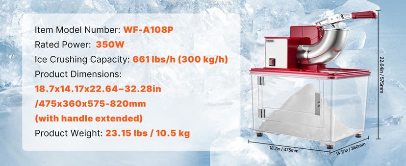 VEVOR Commercial Ice Crusher 661LBS/H, 350W Electric Snow Cone Machine with 4 Blades, 2000RPM Stainless Steel Shaved Ice Machine with 11 Gal Crushed-Ice Box, for Family Restaurants Bars, Red