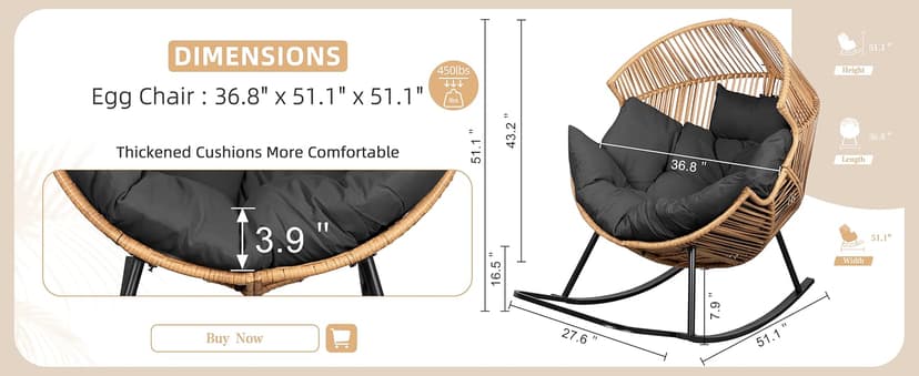Vongrasig Wicker Egg Chair PE Rattan Rocking Chair with Cushion, Oversized Patio Lounge Rocker Chair for Outdoor, Indoor, Balcony, Backyard, Garden, Black