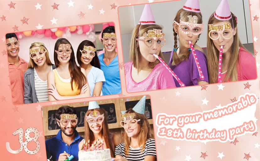 24PCS 18th Birthday Eyeglasses Decorations for Girls, Pink Rose Gold Happy 18th Birthday Paper Eyeglasses Party Supplies, Eighteen Year Old Bday Glasses Decor