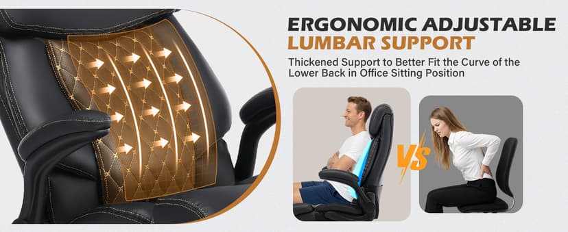 550LBS Big and Tall Office Chair for Heavy People,Ergonomic Office Chair with Padded Flip-Up Arms and Adjustable Lumbar Support,High Back Executive Leather Desk Chair with Rocking Function