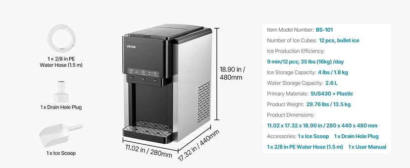 VEVOR Water Dispenser with Ice Maker, 3-in-1 Countertop Water Dispenser, 35 LBS/24H, 12 Cubes/7 Min Fast Ice Making with 4 LBS Storage, Bullet/Crushed ICES & Cold-Water, for Home, Kitchen, Party