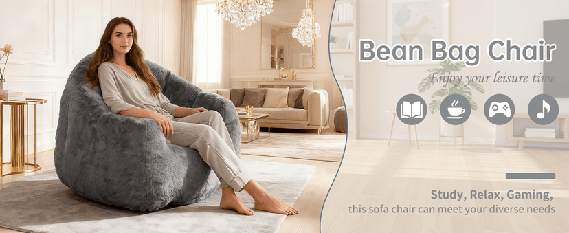 Bean Bag Chair, Giant Beanbag Chiars for Adults, Faux Fur Shell-Shaped Floor Sofa with Filler, Comfy Chair for Reading, Gaming and Relax (Grey)