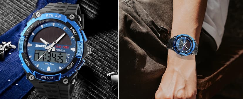 FANMIS Men's Solar Powered Casual Quartz Wrist Watch Analog Digital Multifunctional Black Sports Watch