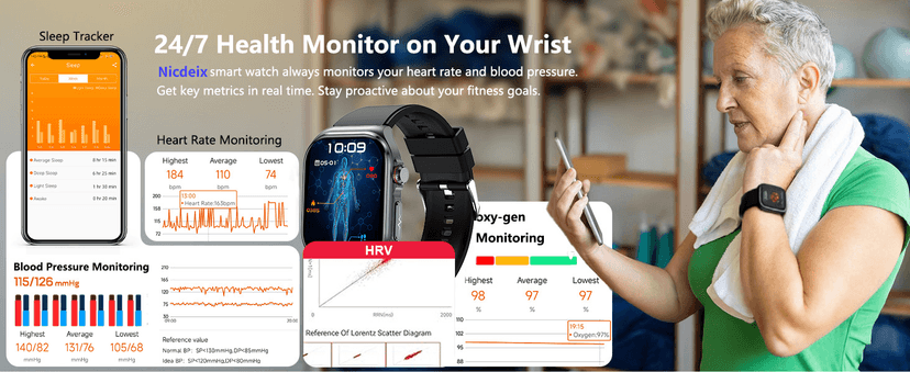 Health Smart Watches for Men Women - 1.87'' Large Display Fitness Trackers Watch with Heart Rate, Blood Pressure, Blood Oxygen, Sleep & Stress Track, 110+ Sports Modes, IP68 Waterproof Watch,Black