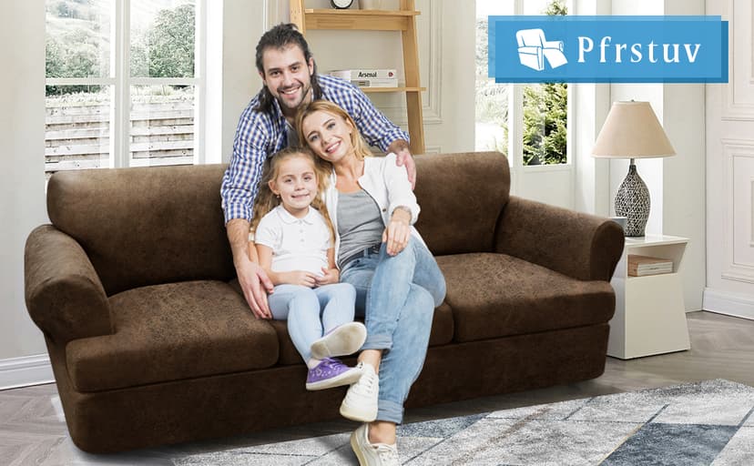 Pfrstuv 4-Piece T Couch Cover - Leather Look Slipcovers for 3 Cushion Sofa, Brown