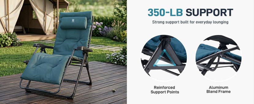 EVER ADVANCED Thick Padded Zero Gravity Chair, Oversized Reclining Lounge Chair with Adjustable Headrest & Cup Holder, Heavy Duty Support 350 lbs, Foldable for Camping, Lawn, Outdoor & Indoor, Green