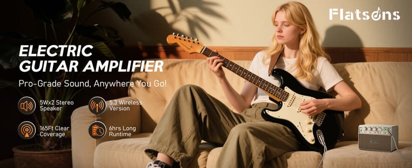 Flatsons FBA-10 Guitar Amp, 10W Mini Electric Guitar Amplifier with Clean/Drive Channel, 6H Work, USB-C Rechargeable, 3.5mm Headphone/AUX, Wireless Portable Amp for Indoor Practice, Travel (White)