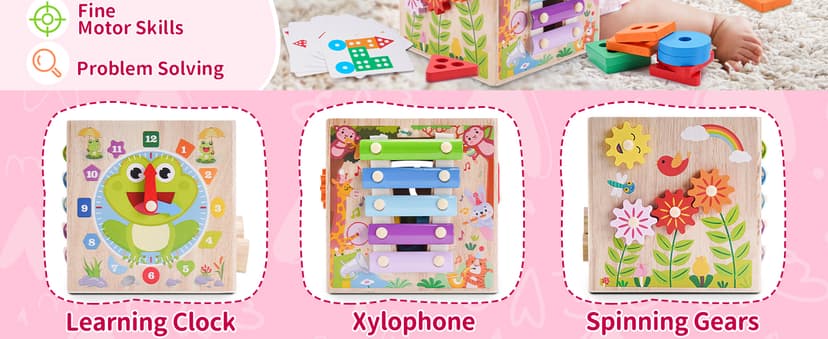 Wooden Activity Cube | Montessori Toys for 1 2 3 Year Old Toddlers | One Year Old 1st First Birthday Gift | Educational Toys for 12+ Months Baby Boys Girls | Bonus Sorting & Stacking Game (Pink)