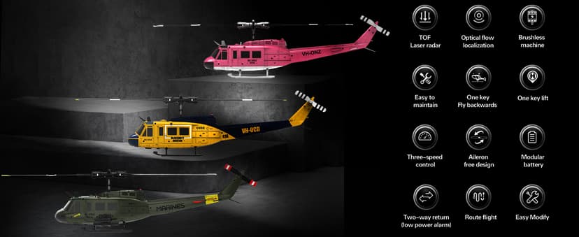 RC ERA C032 UH-1 Huey Helicopter - Remote Control Helicopters for Adult, 1/48 Sacle 2.4G 6CH Gyro Stabilized Aircraft with Altitude Hold & Optical Flow,3D Stunt Drone (Yellow)