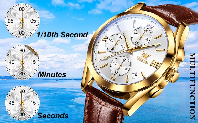 OLEVS Men's Casual Leather Watch, Big Face Chronograph Watch for Men, Fashion Easy to Read Dress Watch, Men's Waterproof Luminous Date Analog Watch, Gold/Black/White/Blue Dial