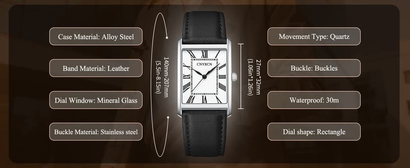 CNYXCN Business Watches for Men,Minimalist Simple Wrist Watch Analog Quartz-Rectangle Roman Numerals Dial,Comfortable Leather Strap,Waterproof