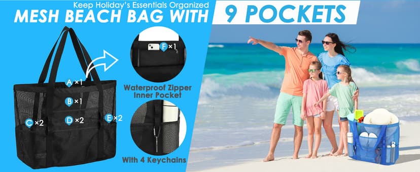 Fammart Mesh Beach Bag, Large Beach Tote with Zipper Pocket, Toys Pool Bag for Family Travel Vacation Cruise Essentials