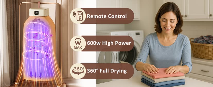 Portable Clothes Dryer Hold 9-12 Items, 8H Timer, w/Remote Control & Dry Bag, Mini Compact Foldable Fast Electric Dryer Machine for Laundry, Travel, Apartment, RV, Dorm, Quiet 45dB, Energy Save, 600W