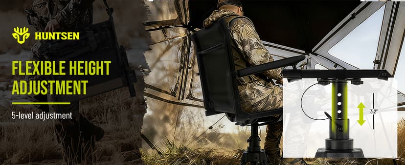 HUNTSEN 360° Silent Swivel Hunting Chair for Blinds - Stable Portable Ground Blind Chair Adjustable 4 Legs & Seat Height Folding Outdoor Fishing Seat with Anti-Sink Feet Armrest - Supports 330lbs