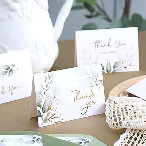 Winoo Design 100 PK Luxurious Gold Thank You Cards with Envelopes Bulk Sage Green - 5x3.5 Inches Wedding Thank You Notes Baby Shower Greenery Bridal Shower Small Business