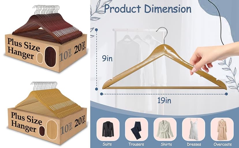 King Mills 19 Inch Plus Size Hangers, Extra Wide Hangers for Plus Size Clothes, Ganchos para Colgar Ropa, Ideal for XL, XXL Shirts, Coats, Dresses, Etc. Wood. Natural 20pk