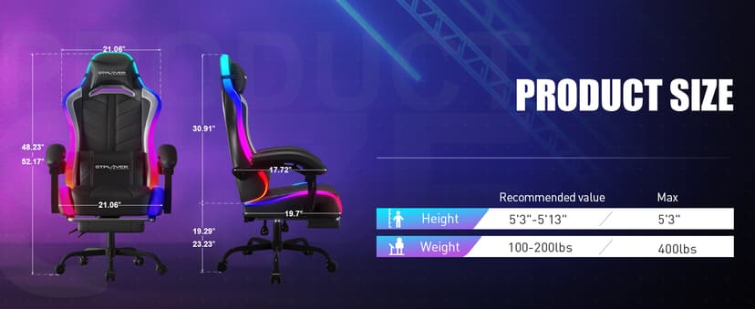 GTPLAYER Gaming Chair, Computer Chair with RGB LED Lights, High Back Ergonomic Chair for Adults with Footrest and Linkage Armrests& Headrest Lumbar Support (Without Bluetooth Speakers)