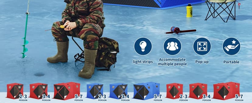 Garvee Pop Up Ice Fishing Shelter and Insulated Ice Fishing Tent with 49ft LED Light Strip, Windproof Portable Hub Design, Fits 1-8 People, 25-69 sq ft Fishable Area, Blue+Black