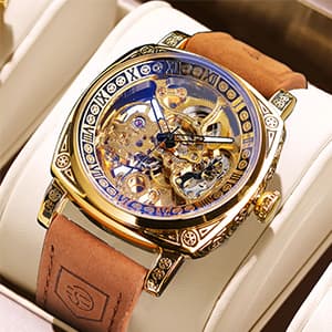 FORSINING Watches for Man, Square Retro Mechanical Watch Self-Wind Carved, Skeleton Automatic Watches Vintage Leather Strap Wristwatch