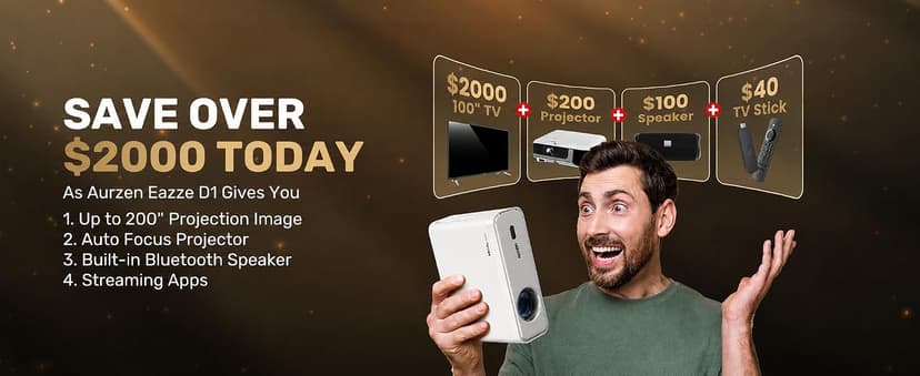 Aurzen EAZZE D1 Smart Projector with WiFi and Bluetooth, Netflix-Officially-Licensed, Auto Focus & Keystone, DoIby Audio, Zoom, Native 1080P Movie, Portable Outdoor Mini Projector, White