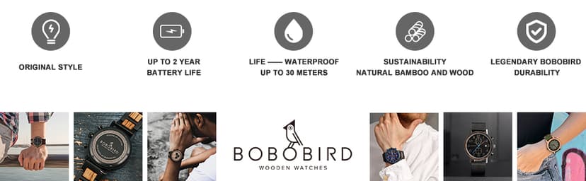 BOBO BIRD Men's Bamboo Wooden Watch with Black Cowhide Leather Strap 12 Holes Timer Design Sports Casual Watches