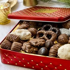 Christmas Chocolate Gift Basket – Gourmet Holiday Snack Gift Box Idea in Keepsake Tin – Men, Women, Corporate, Food Set- Bonnie and Pop