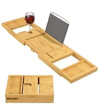 Bathtub Tray - Expandable Bamboo Bath Tray for Tub with Wine Glass Holder, Book & Tablet Stand - Wooden Bathtub Caddy Tray Table for Bathroom Accessories, Spa Relaxation, Housewarming & Wedding Gift