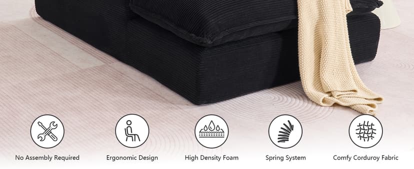 Oversized Chaise Lounge Chair Indoor, 67" Boneless Chaise Lounge with Extra Deep Seat, Comfy Corduroy Upholstered Sleeper Sofa Bed, Cozy Fluffy Single Sofa Armchair for Living Room, Black