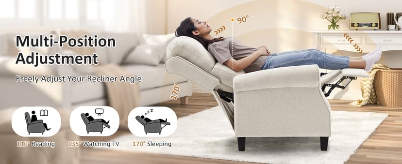 Oversized Recliner Chair for Living Room, Modern Reclining Sofa Home Theater Seating with Upholstered Push Back, Mid-Century Reclining Armchair with Lumbar Support, Bedroom, Reading Nook, Office