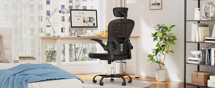 Ergonomic Office Chair, 300lbs High Back Breathable Mesh Desk Chair with Lumbar Support, Comfy Gaming Chair with Headrest and Flip-Up Arms, 360° Swivel Computer Task Chair for Home Office, Black