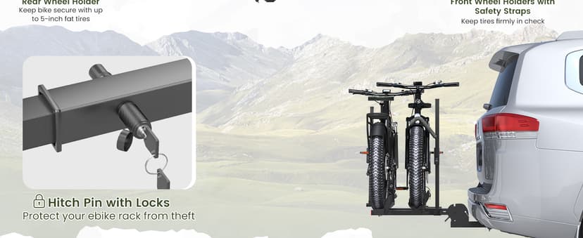 Bike Rack for Car,200lbs Capacity for 2 EBike with Anti Theft Lock Foldable Tilt Design Hitch Bike Rack,Up to 5-Inch Fat Tire for 2'' Receiver