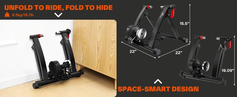 Sportneer Bike Trainer - Magnetic Stationary Bike Stand for 26-28" & 700C Wheels - Adjustable 6 Level Resistance Bike Trainer Stand for Indoor Riding with Quick Release Lever & Front Wheel Riser Block